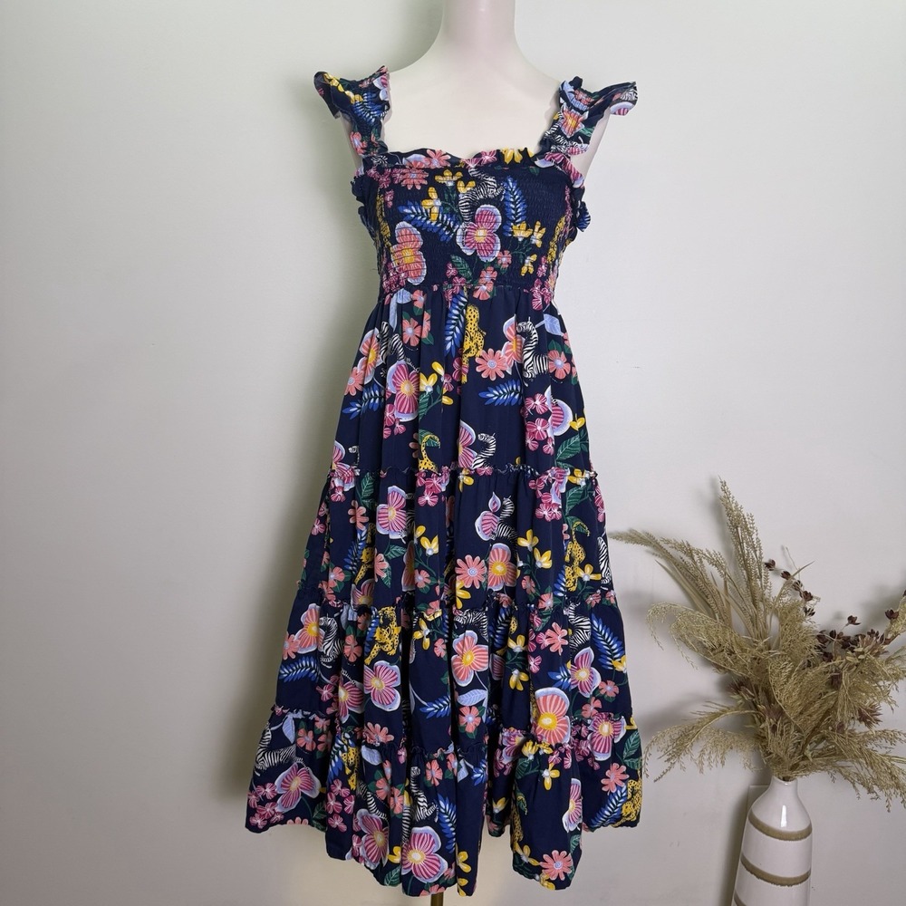 Crown & Ivy Safari Tropical Floral Tiered Midi Dress Smocked Cotton Navy Blue M
